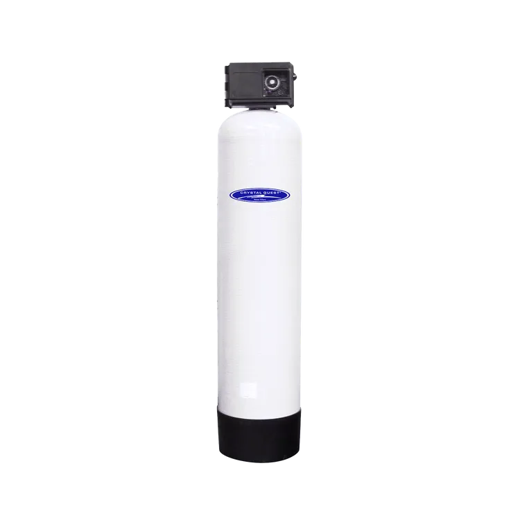Crystal Quest commercial fluoride removal water filtration system, white fiberglass tank with black top and base.