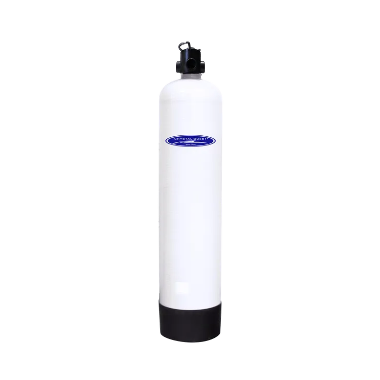 Crystal Quest commercial fluoride removal water filtration system, white composite fiberglass tank with black base.