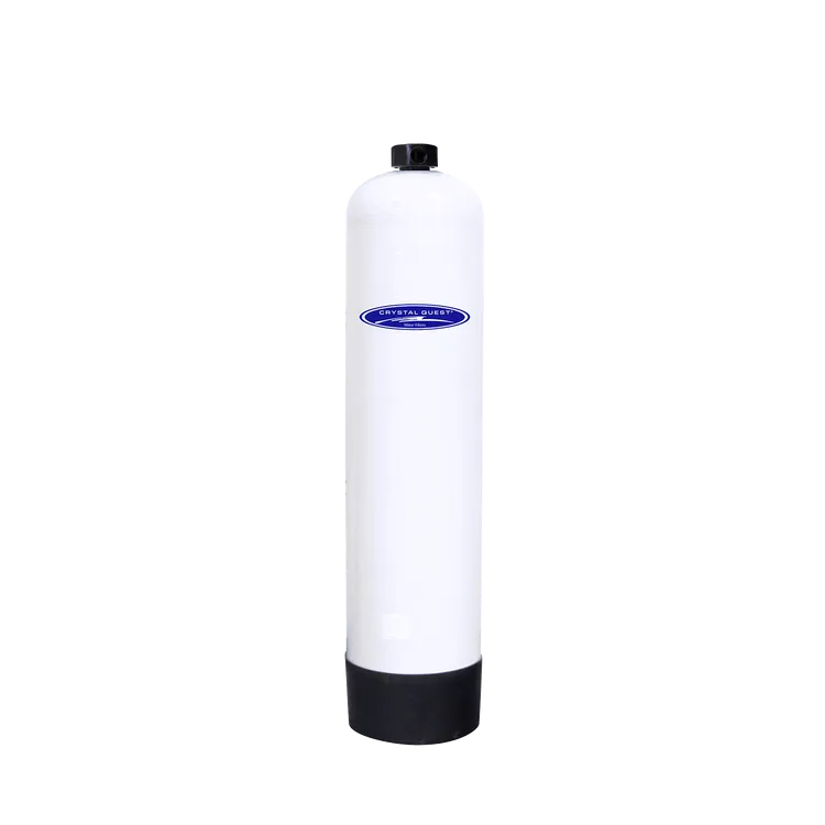 Crystal Quest commercial fluoride removal water filtration system, white composite fiberglass tank with black base.