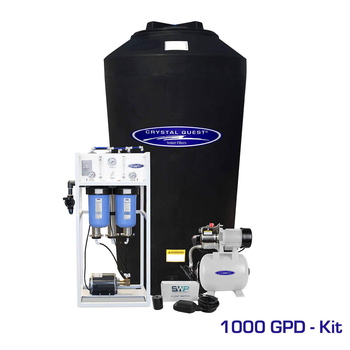 Crystal Quest 1000 GPD commercial RO system with white frame, blue filters, pump, and 165-gallon black storage tank.