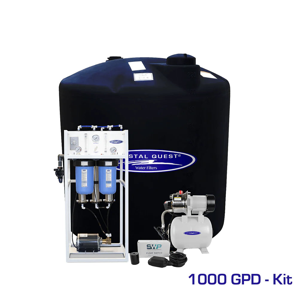 Crystal Quest 1000 GPD commercial RO system with white frame, blue filters, pump, and 220-gallon black storage tank.