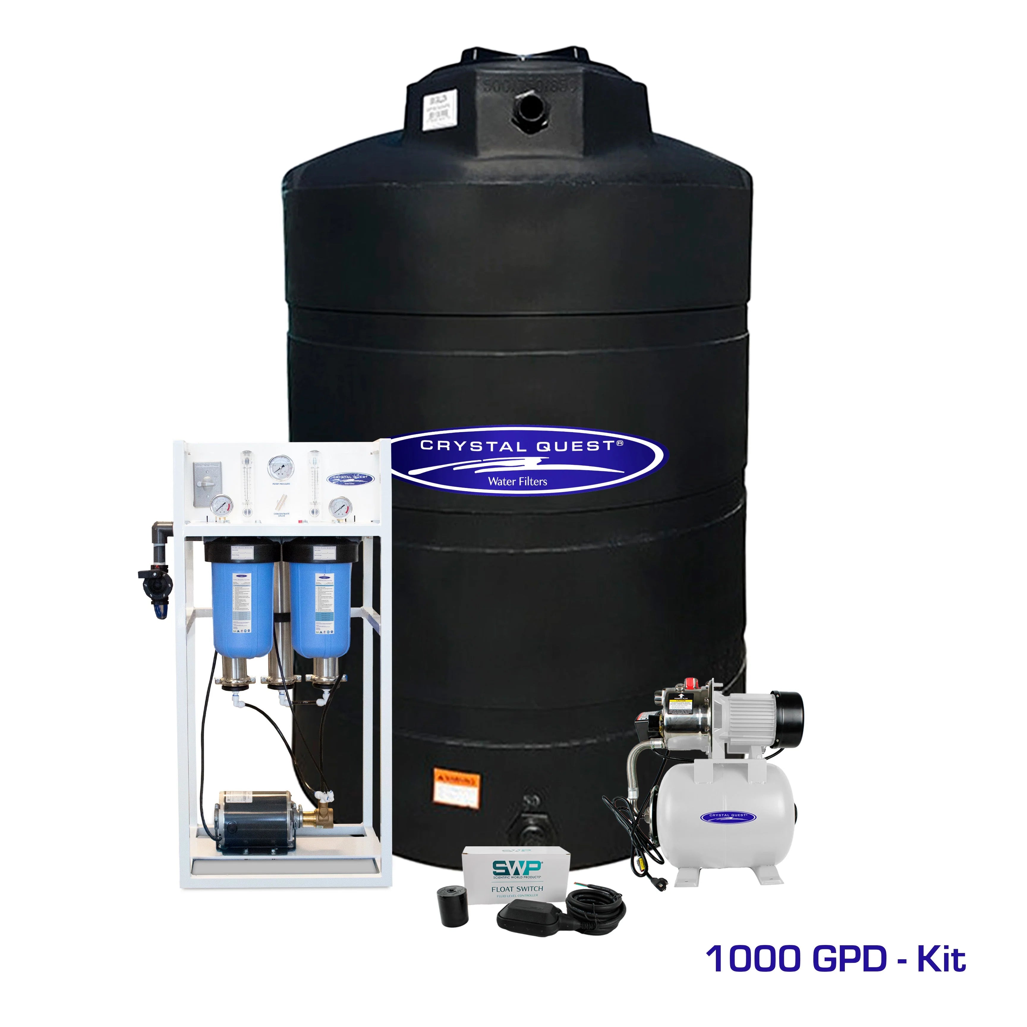 Crystal Quest Commercial RO System with white frame, blue filters, black 500-gallon tank, and brass rotary pump.
