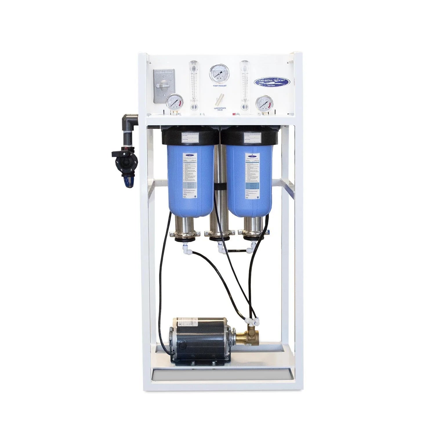 Crystal Quest Commercial RO system: white aluminum frame, blue filters, brass rotary pump, gauges.