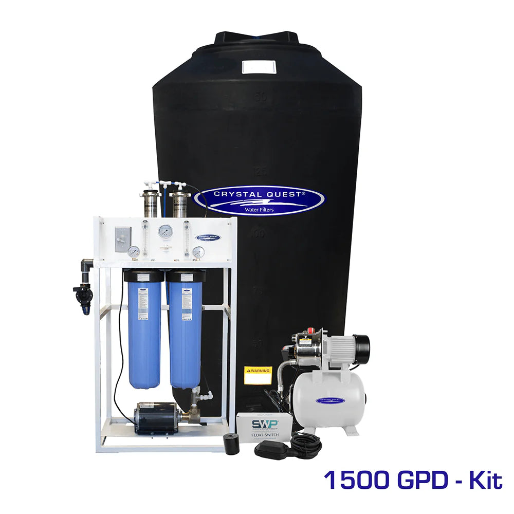 Crystal Quest Commercial 1500 GPD RO system with white frame, blue filters, and a large black storage tank.