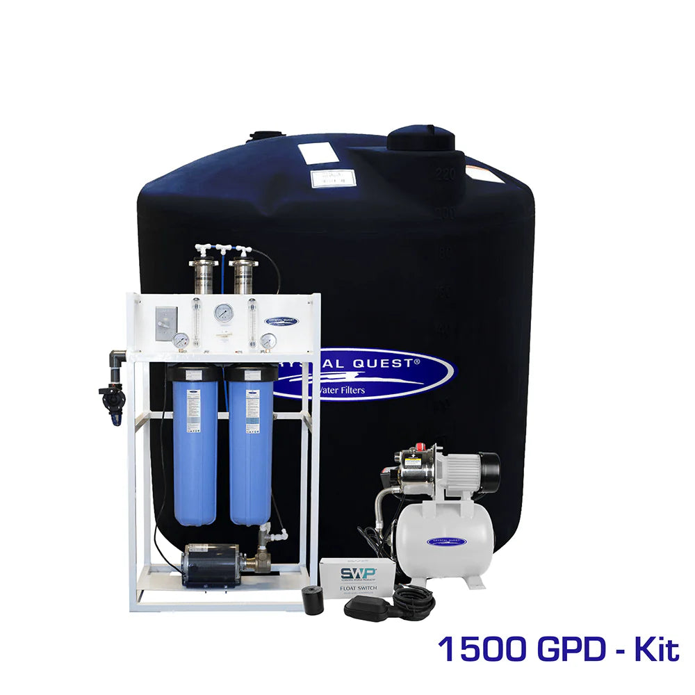 Crystal Quest Commercial 1500 GPD RO system with white frame, blue filters, black 220-gallon tank, and brass pump.