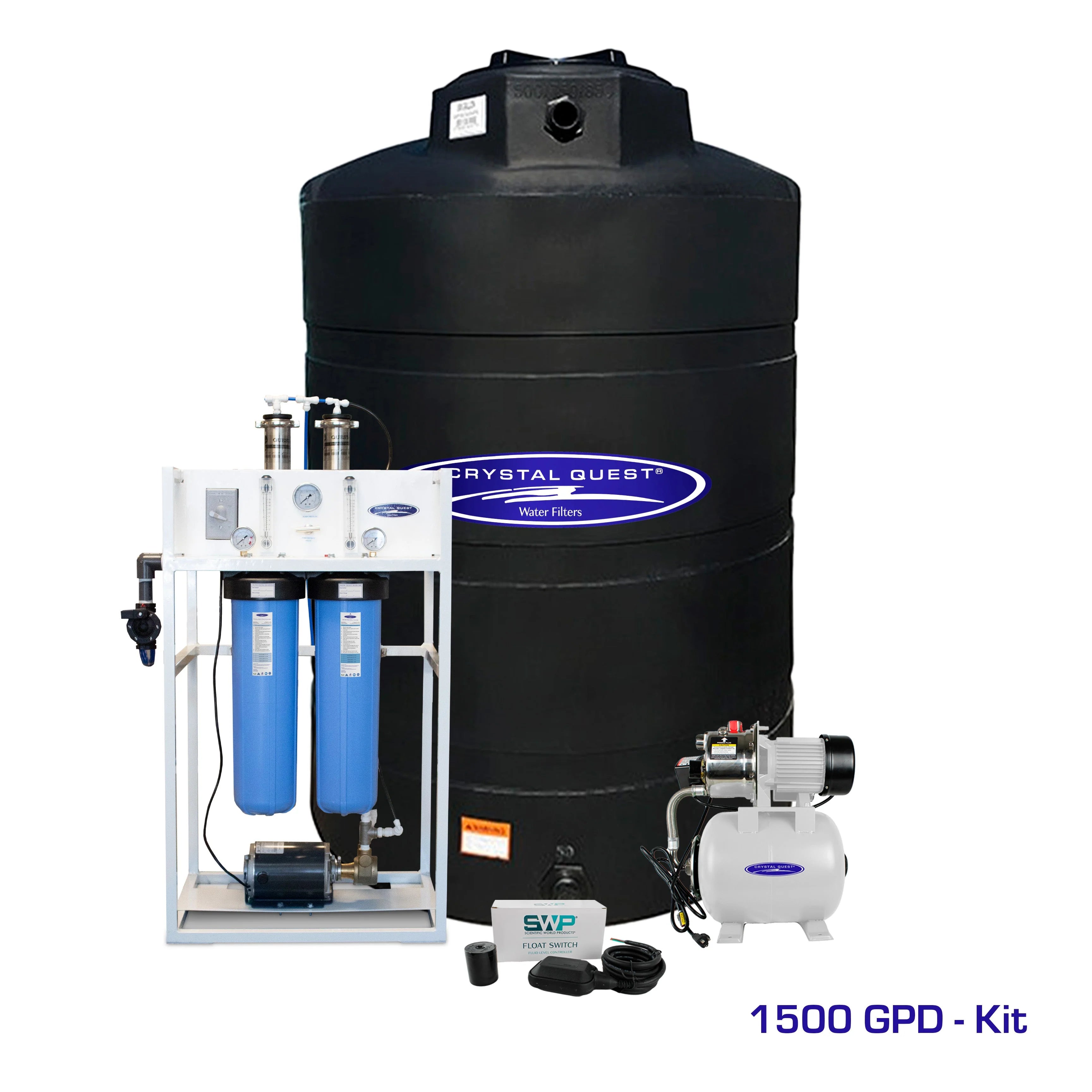 Crystal Quest 1500 GPD commercial RO system with white aluminum frame, blue filters, and a large black storage tank.