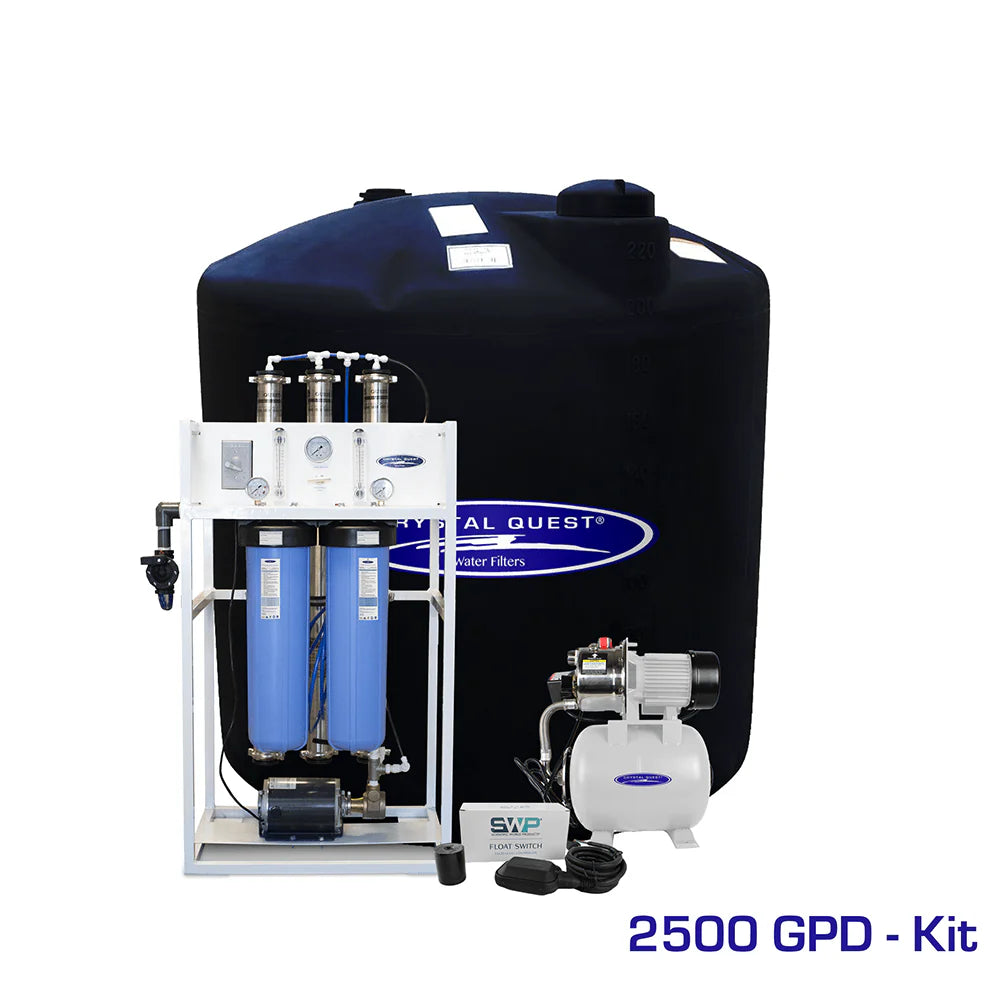Crystal Quest Commercial 2500 GPD RO system with white frame, blue filters, gauges, pump, and 220-gallon black storage tank.