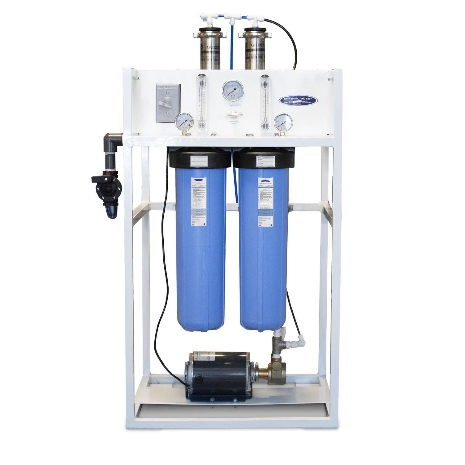 Crystal Quest Commercial 1500 GPD RO system with white frame, blue filters, and brass rotary pump.