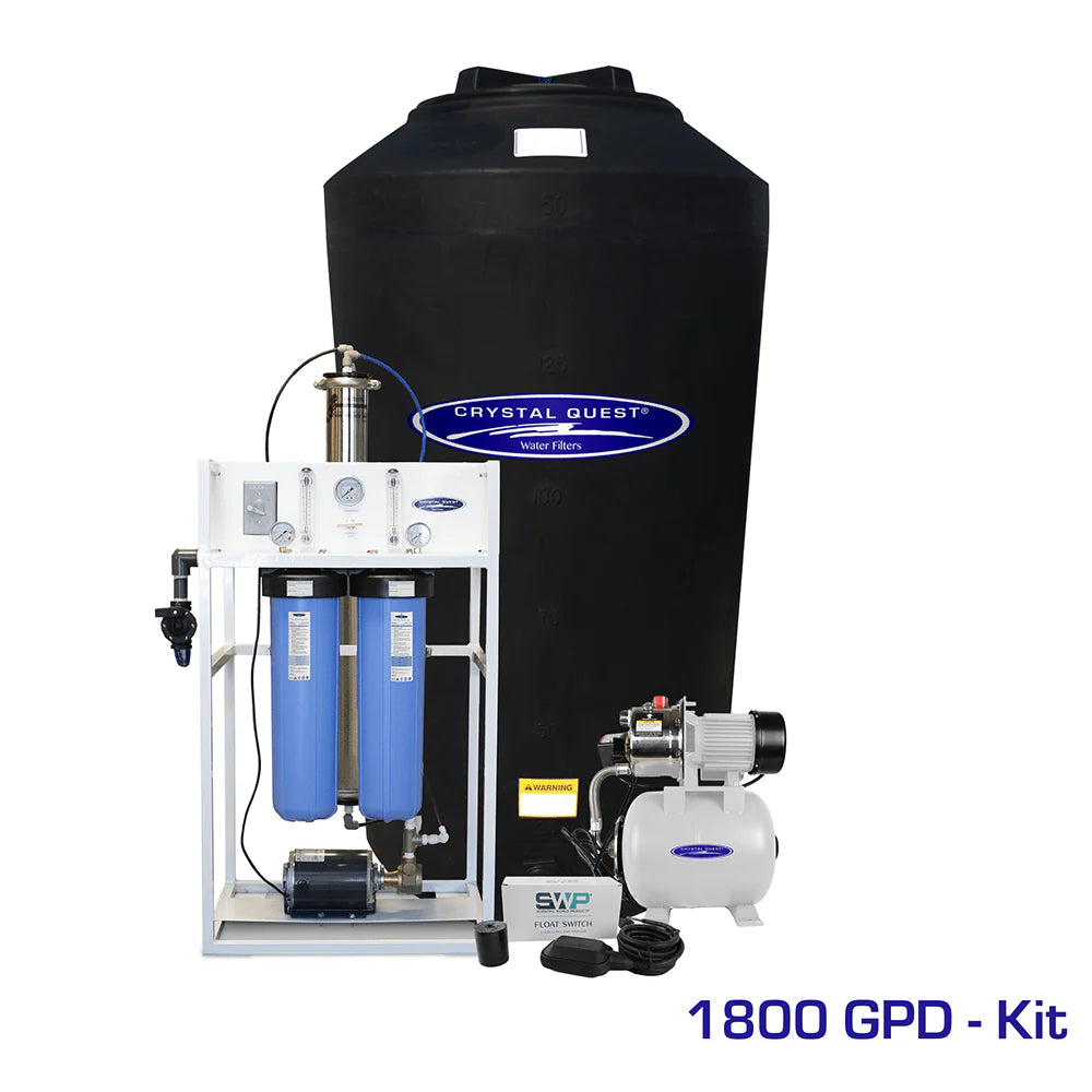 Crystal Quest Commercial 1800 GPD Reverse Osmosis System with white frame, blue filters, and black 165-gallon storage tank.