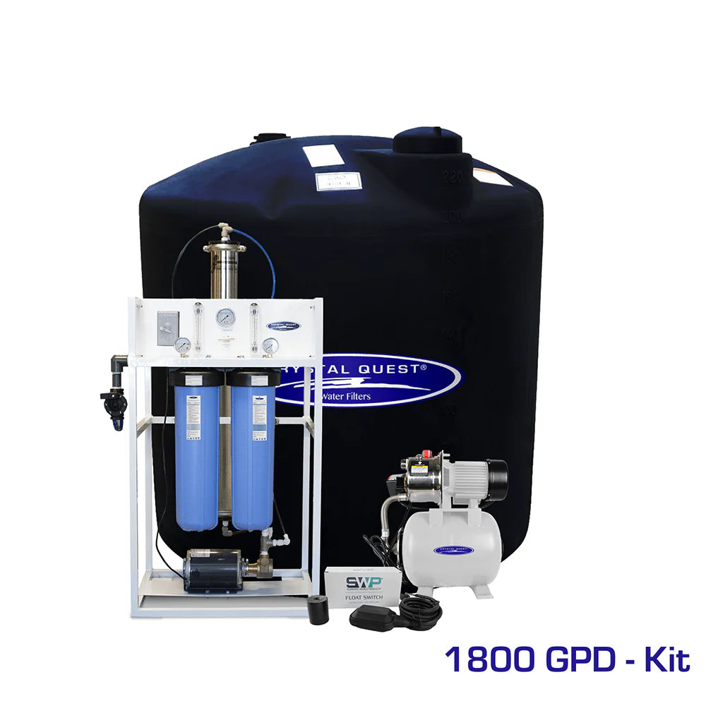 Crystal Quest 1800 GPD commercial RO system with white frame, blue filters, pump, and 220-gallon black storage tank.