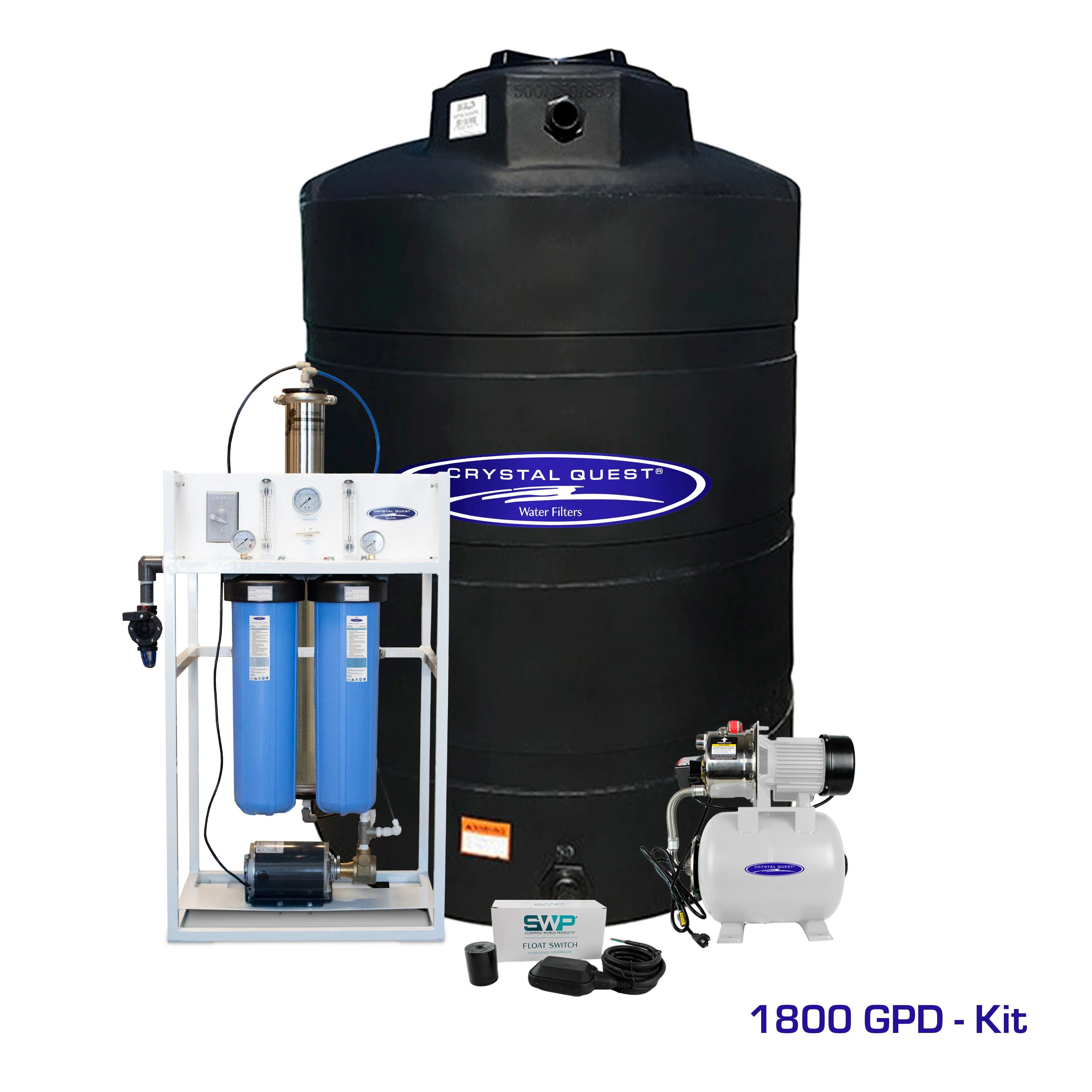 Crystal Quest 1800 GPD commercial RO system with white frame, blue filters, and a large black 500-gallon storage tank.