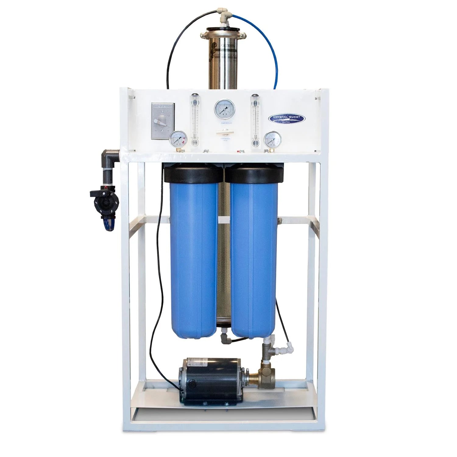 Crystal Quest Commercial Reverse Osmosis System with white frame, blue filters, and stainless steel housing.