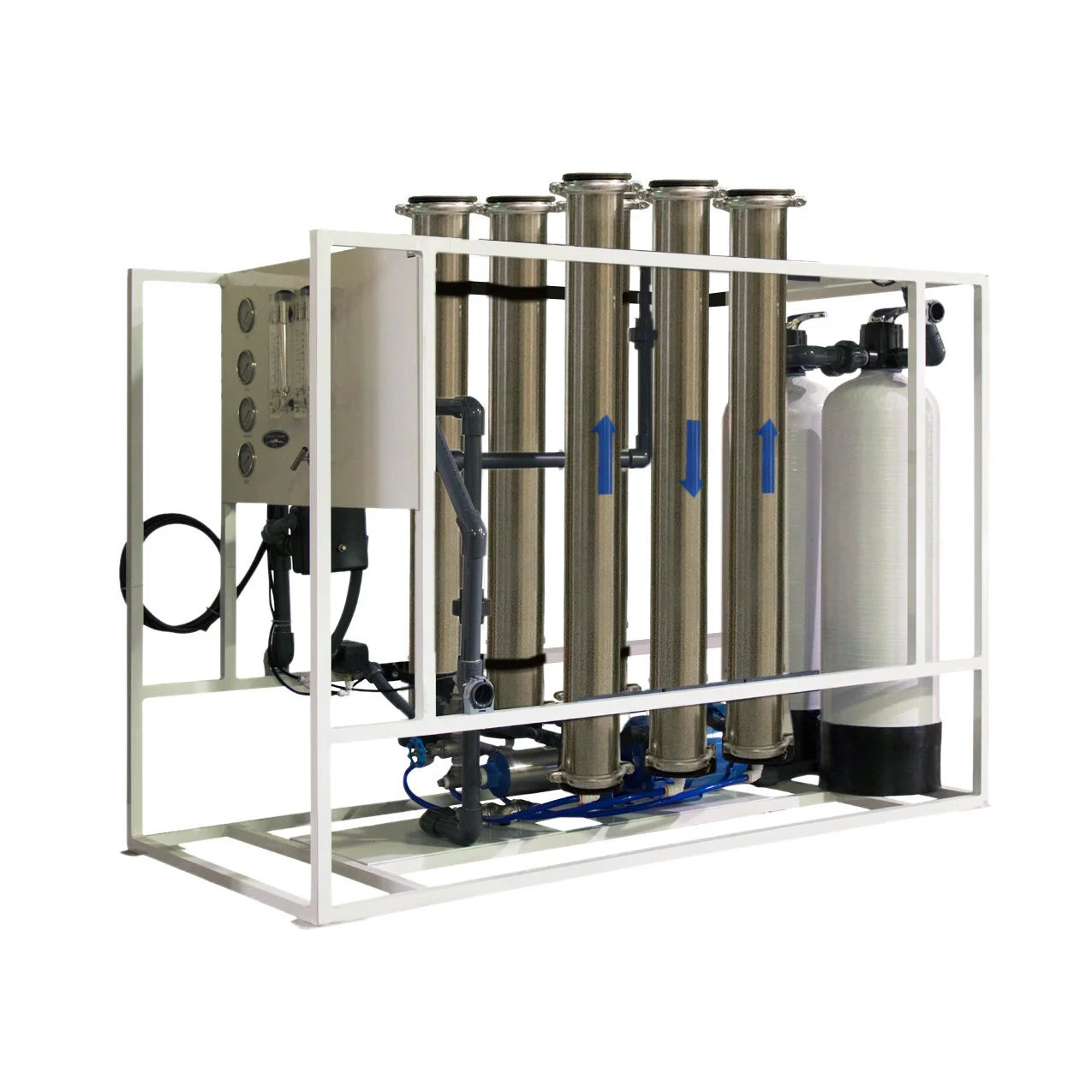 Crystal Quest 10,000 GPD commercial RO system with stainless steel housings, white frame, and blue accents.