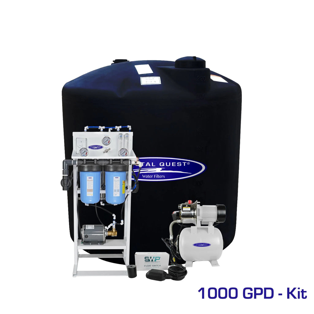 Crystal Quest 1000 GPD whole house RO system with blue filters, white frame, and 220-gallon black storage tank.