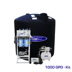 Crystal Quest 1000 GPD whole house RO system with blue filters, white frame, and 220-gallon black storage tank.