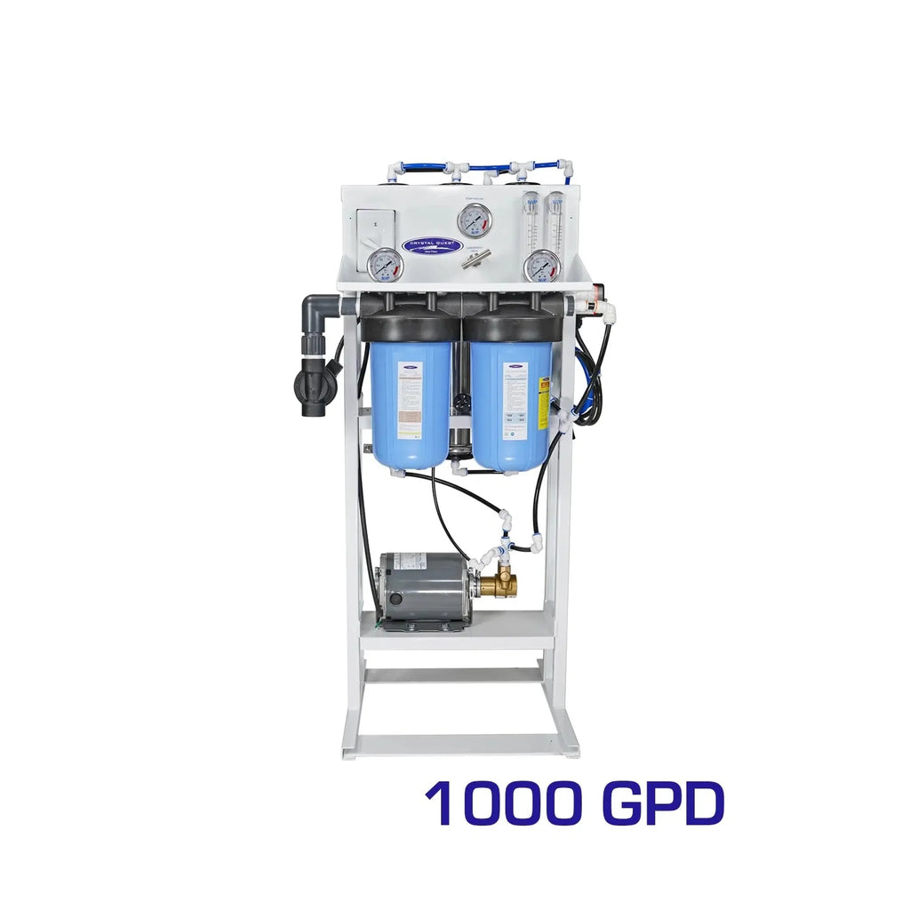 Crystal Quest 1000 GPD whole house reverse osmosis system with blue filters and brass rotary pump.