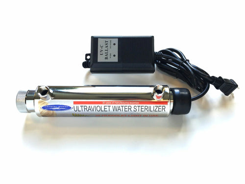 Sleek 110v Crystal Quest 1 GPM UV water sterilizer with polished 304 stainless steel reactor and black ballast.