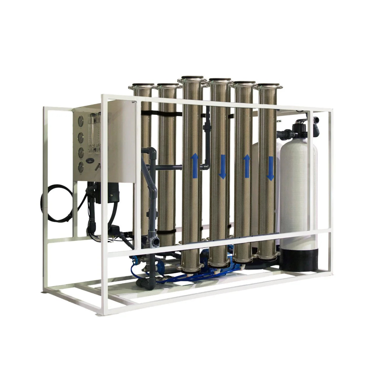 White Crystal Quest 15,000 GPD commercial reverse osmosis system with stainless steel housings and pre-treatment.