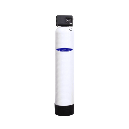 Crystal Quest Commercial GAC water filtration system, white tank with black control head and base.