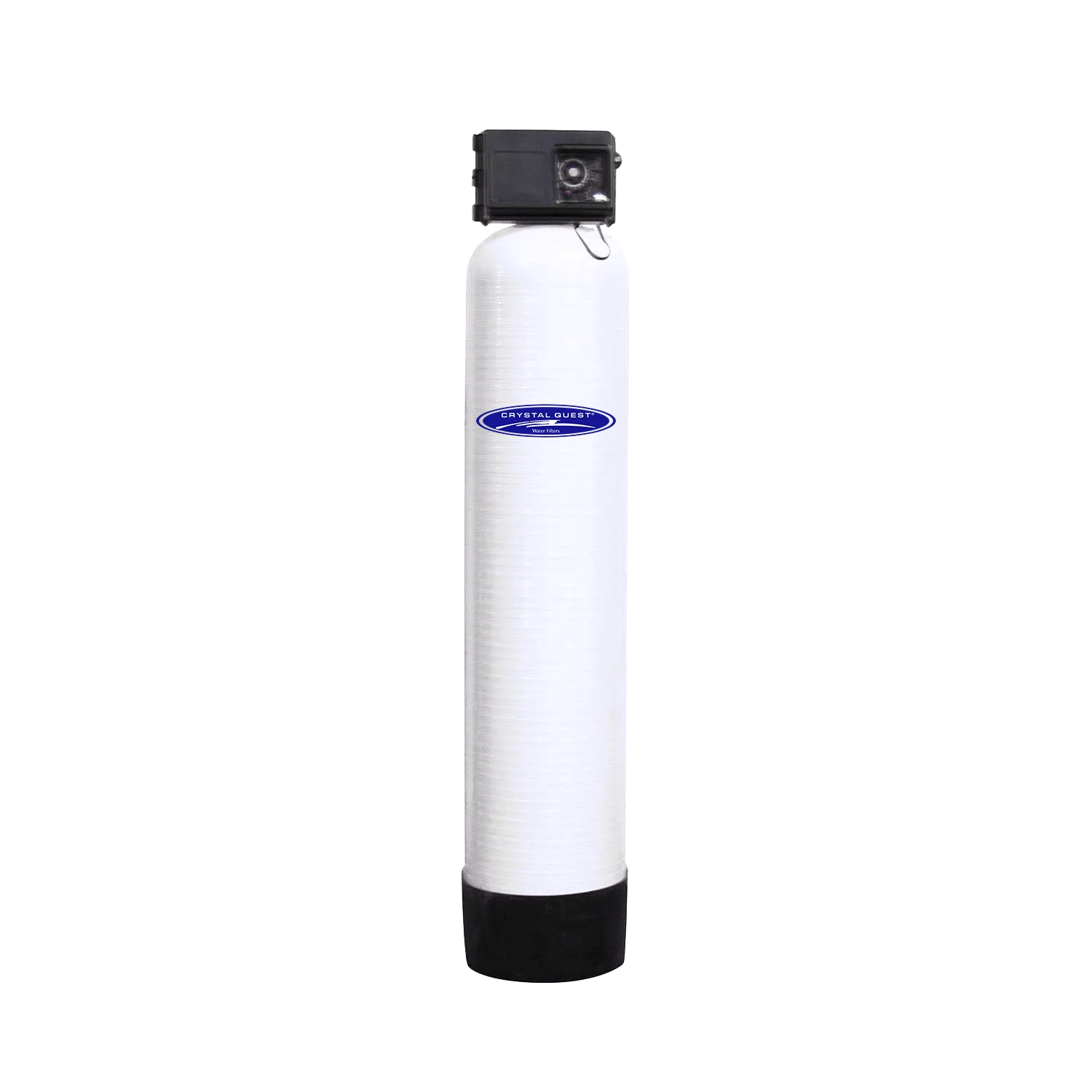 Crystal Quest commercial fluoride removal water filtration system, white fiberglass tank with black control valve.