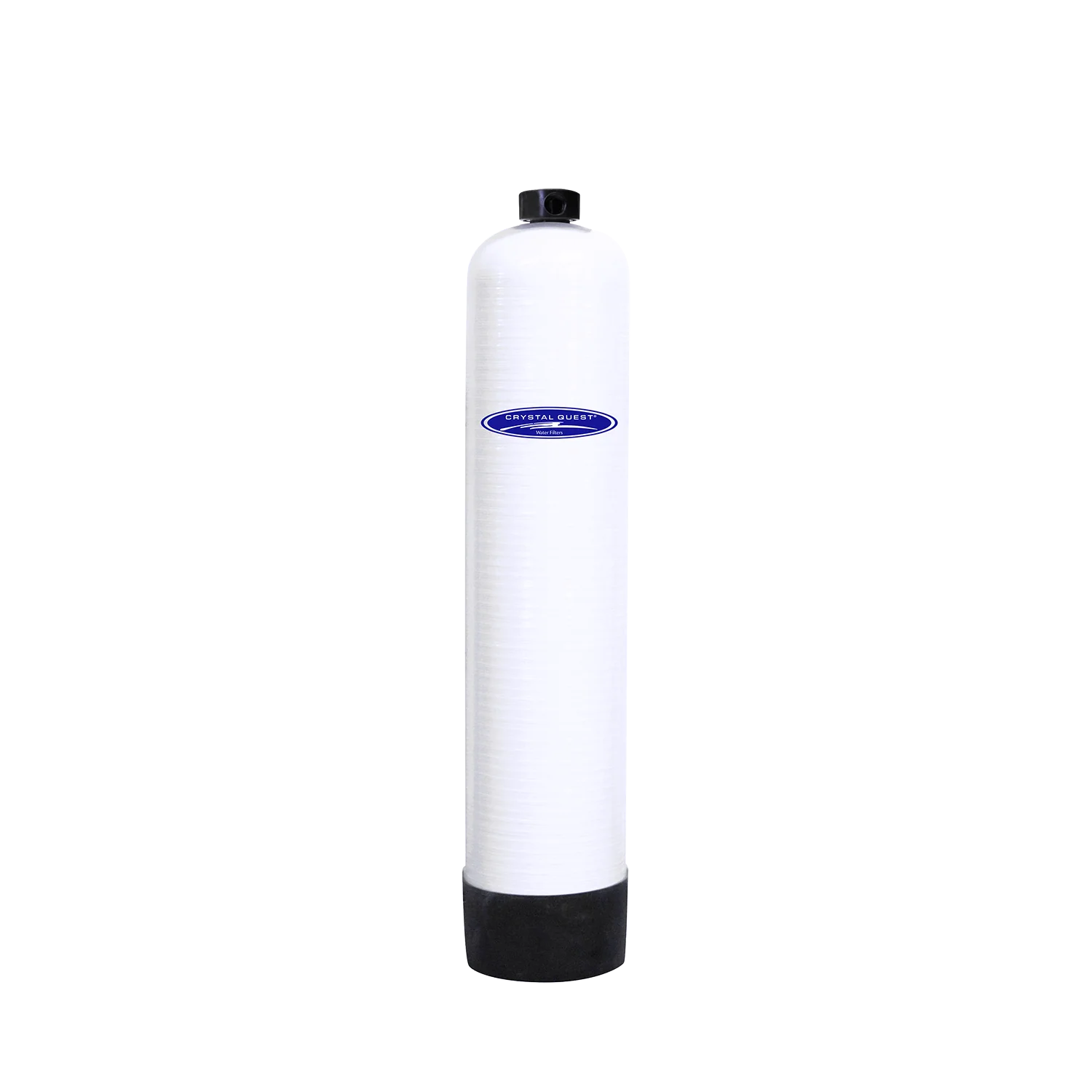 Tall white Crystal Quest commercial fluoride removal water filtration tank with black top and base.