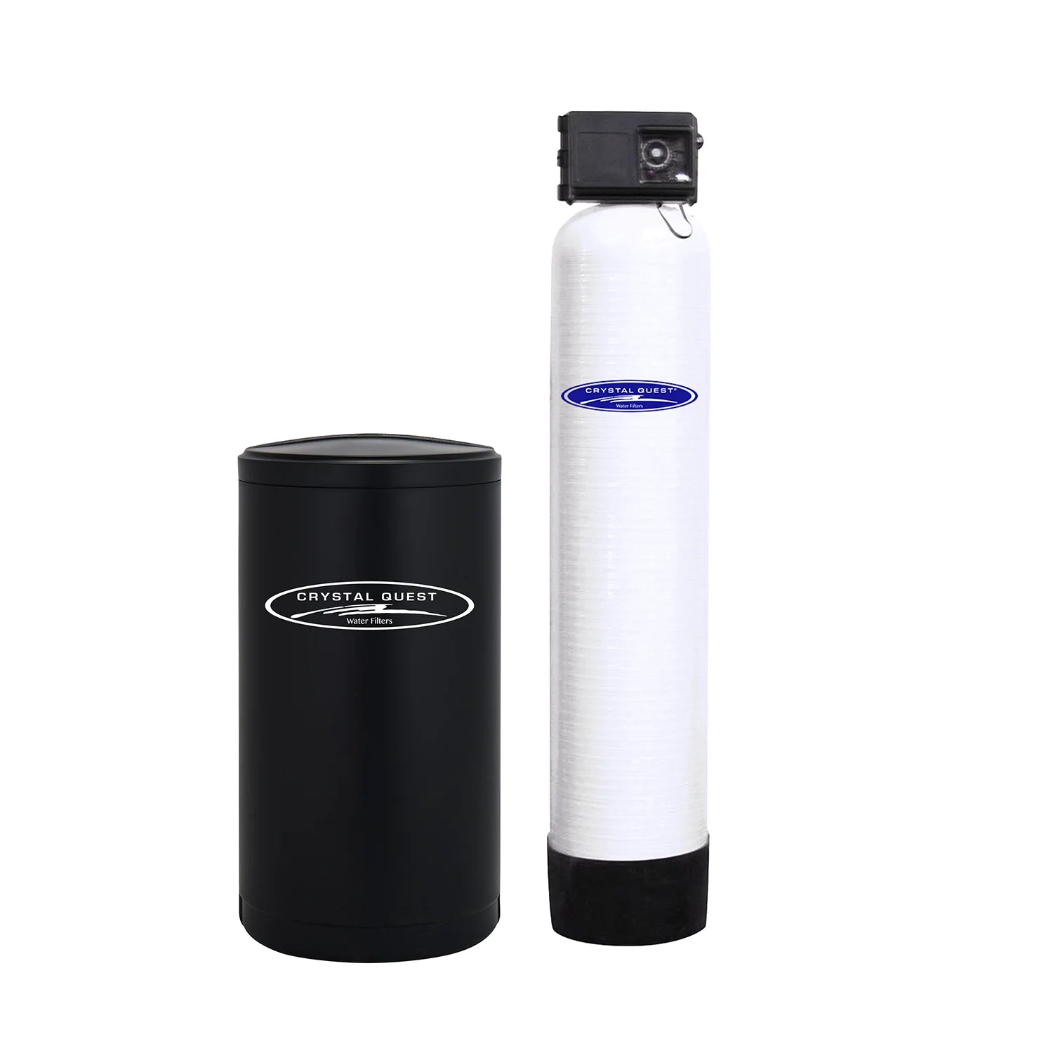 Crystal Quest 15 GPM automatic commercial water softener system with a tall white fiberglass tank and a sleek black brine tank.