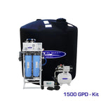 Crystal Quest 1500 GPD whole house RO system with blue filters, black 220-gallon tank, and pump.