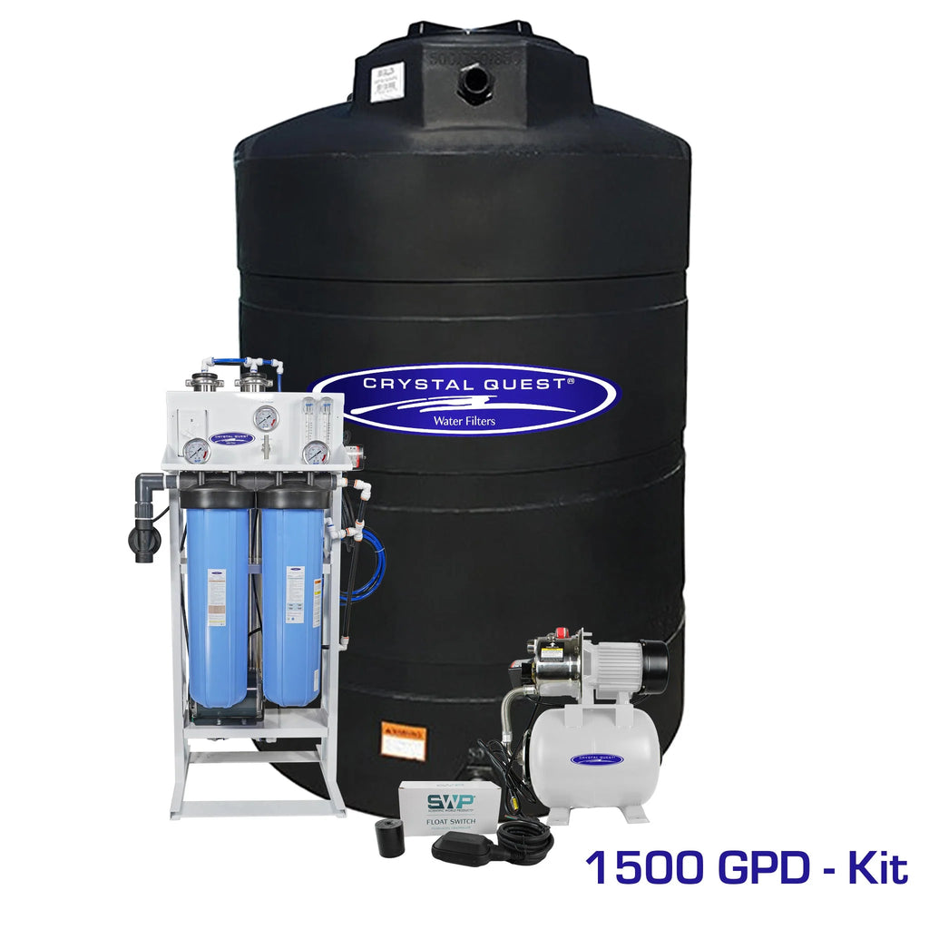 Crystal Quest 1500 GPD whole house RO system with black 500-gallon storage tank and pump kit.