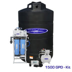 Crystal Quest 1500 GPD whole house RO system with black 500-gallon storage tank and pump kit.