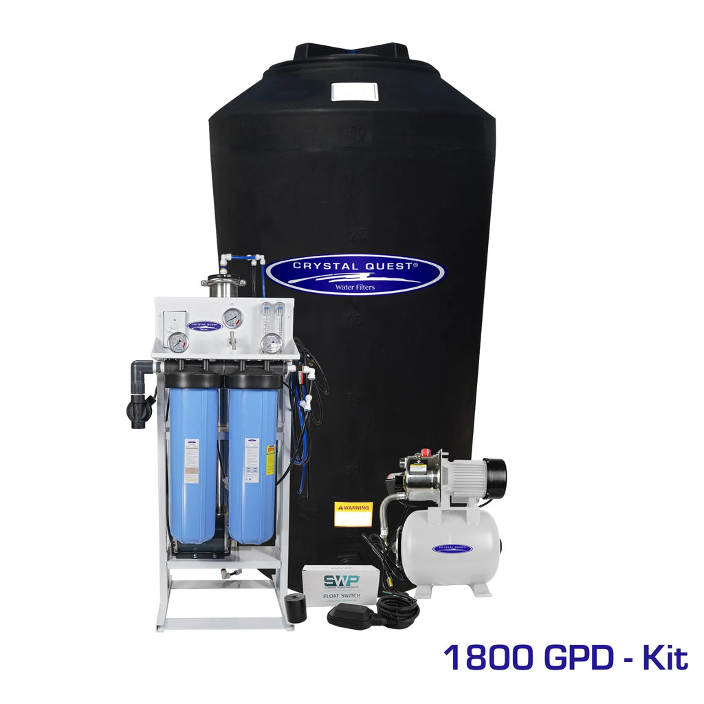 Crystal Quest 1800 GPD whole house RO system with black 165-gallon tank and white pump.