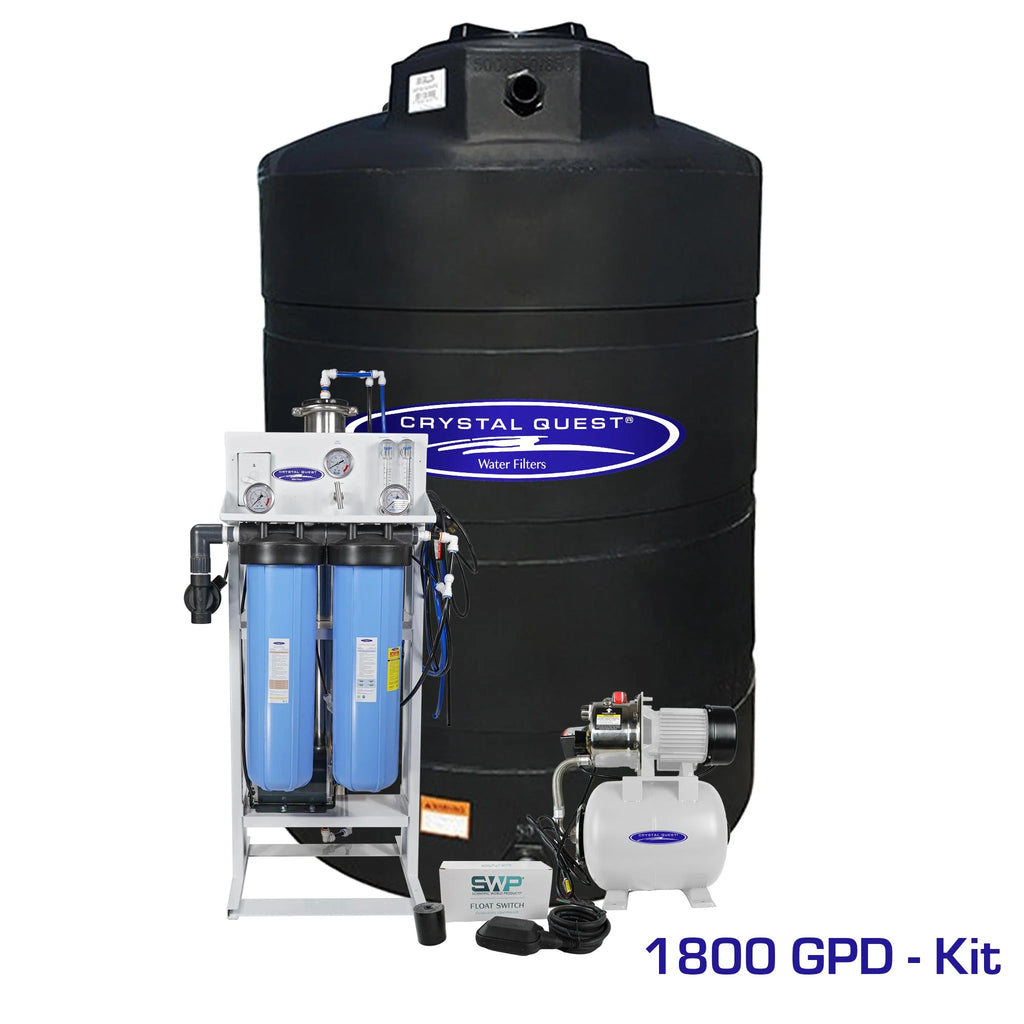 Crystal Quest 1800 GPD whole house RO system with blue filters, white frame, black 500-gallon tank, and pump.