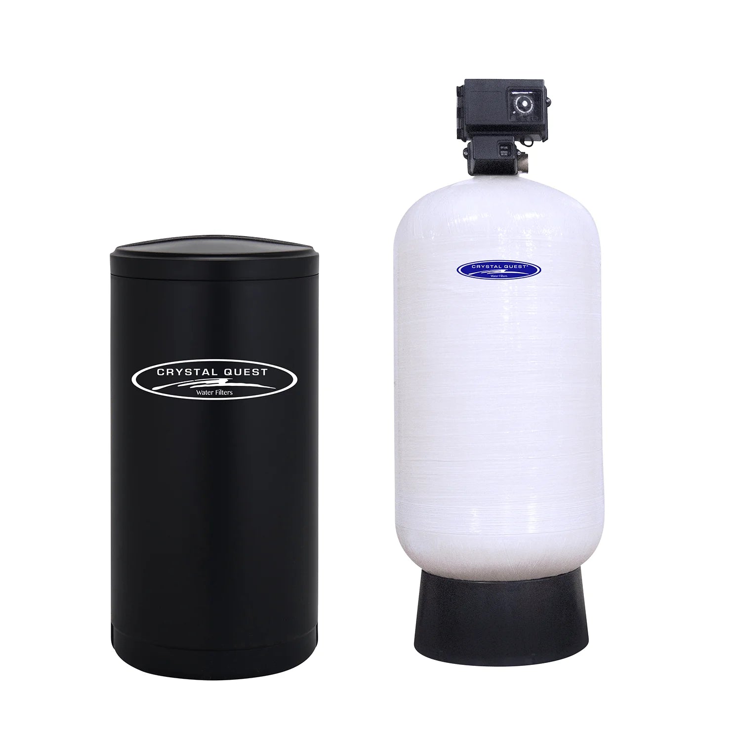 Crystal Quest commercial water softener system with a tall black brine tank and a white fiberglass media tank.