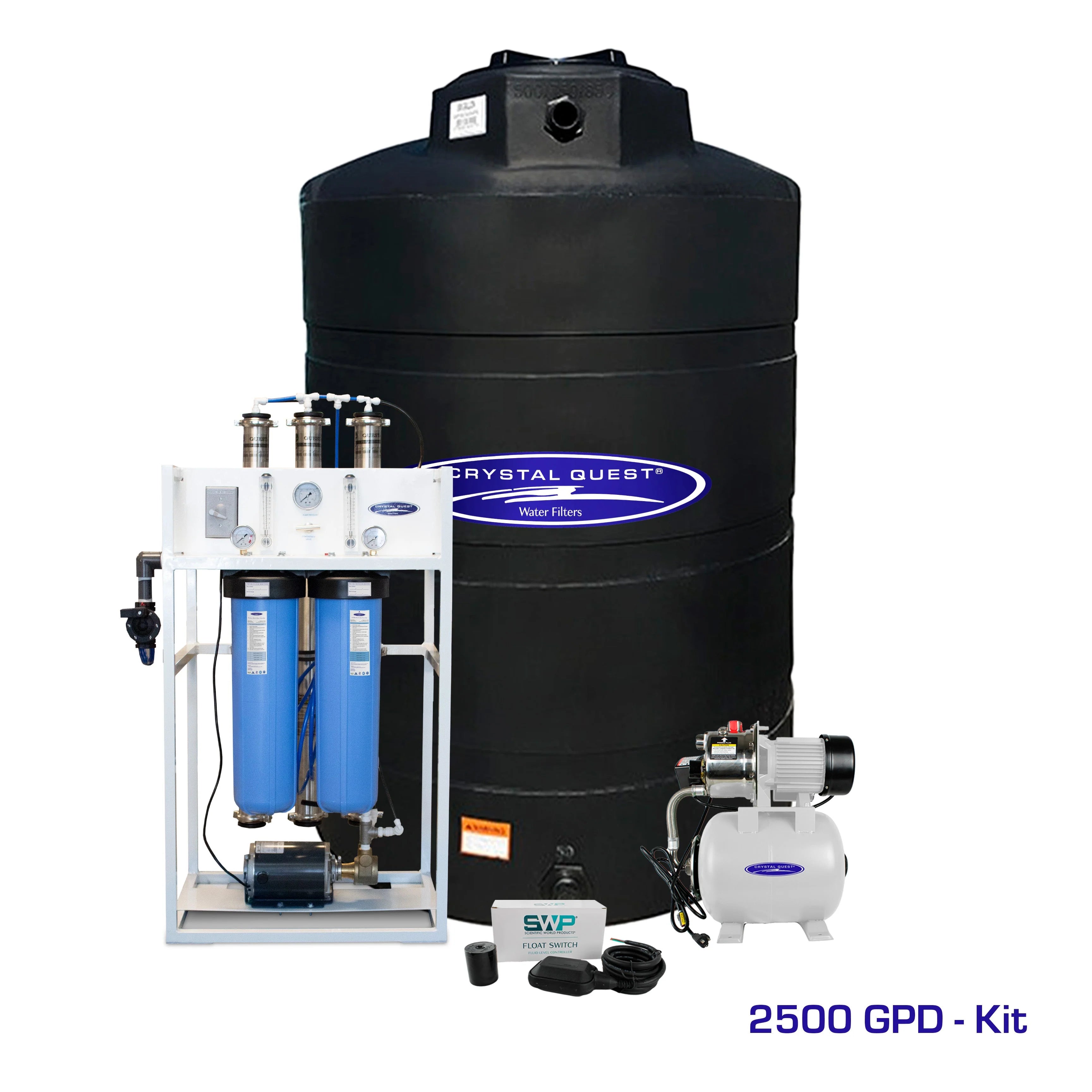 Crystal Quest 2500 GPD commercial RO system with white frame, blue filters, pump, and large black storage tank.