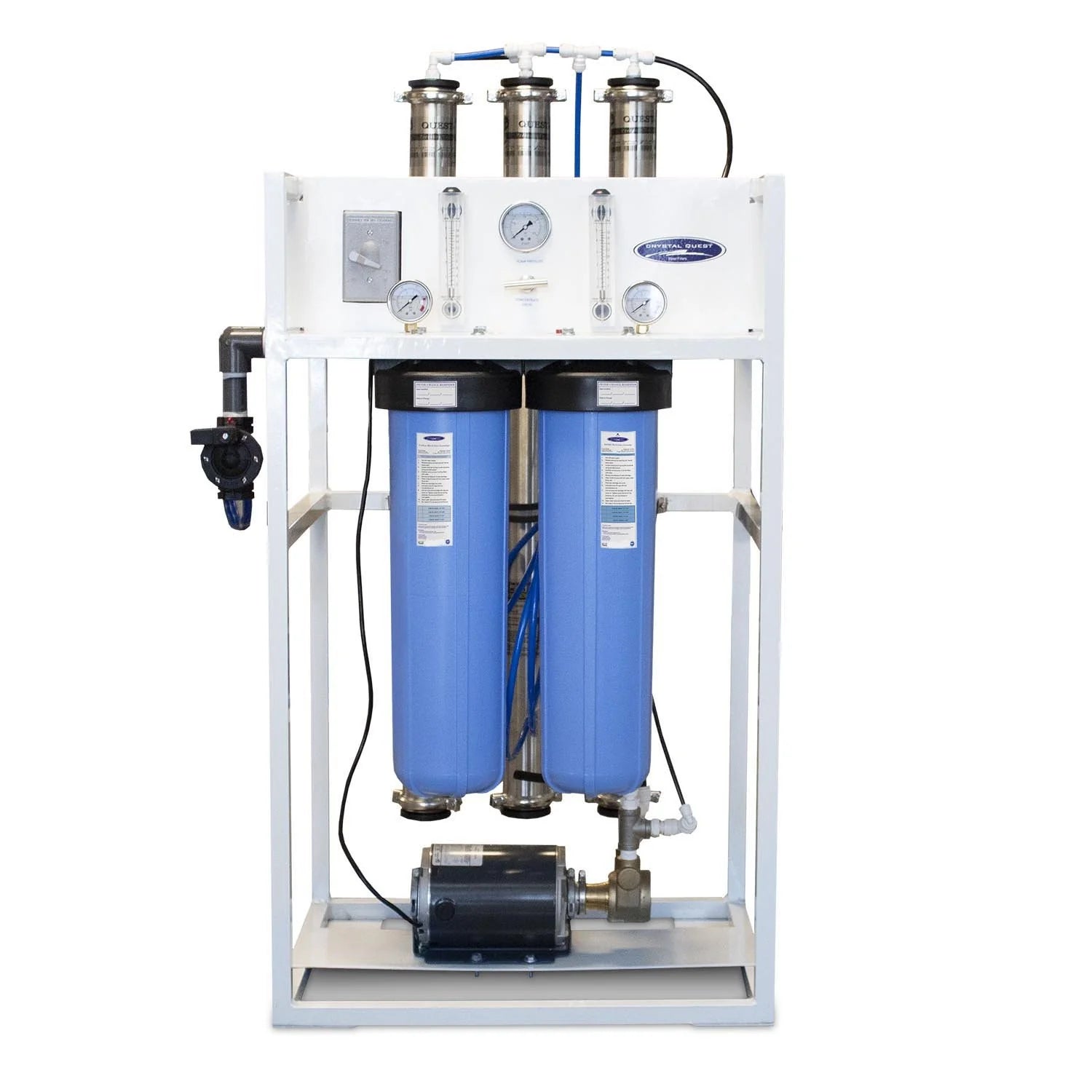 White powder-coated commercial reverse osmosis system with blue filters, stainless steel housing, and brass rotary pump.