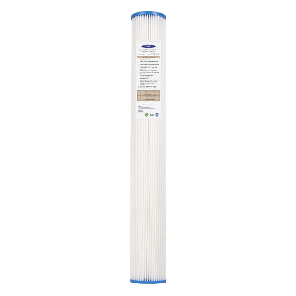 Crystal Quest 2-7/8" x 20" pleated cellulose sediment filter cartridge with blue end caps.