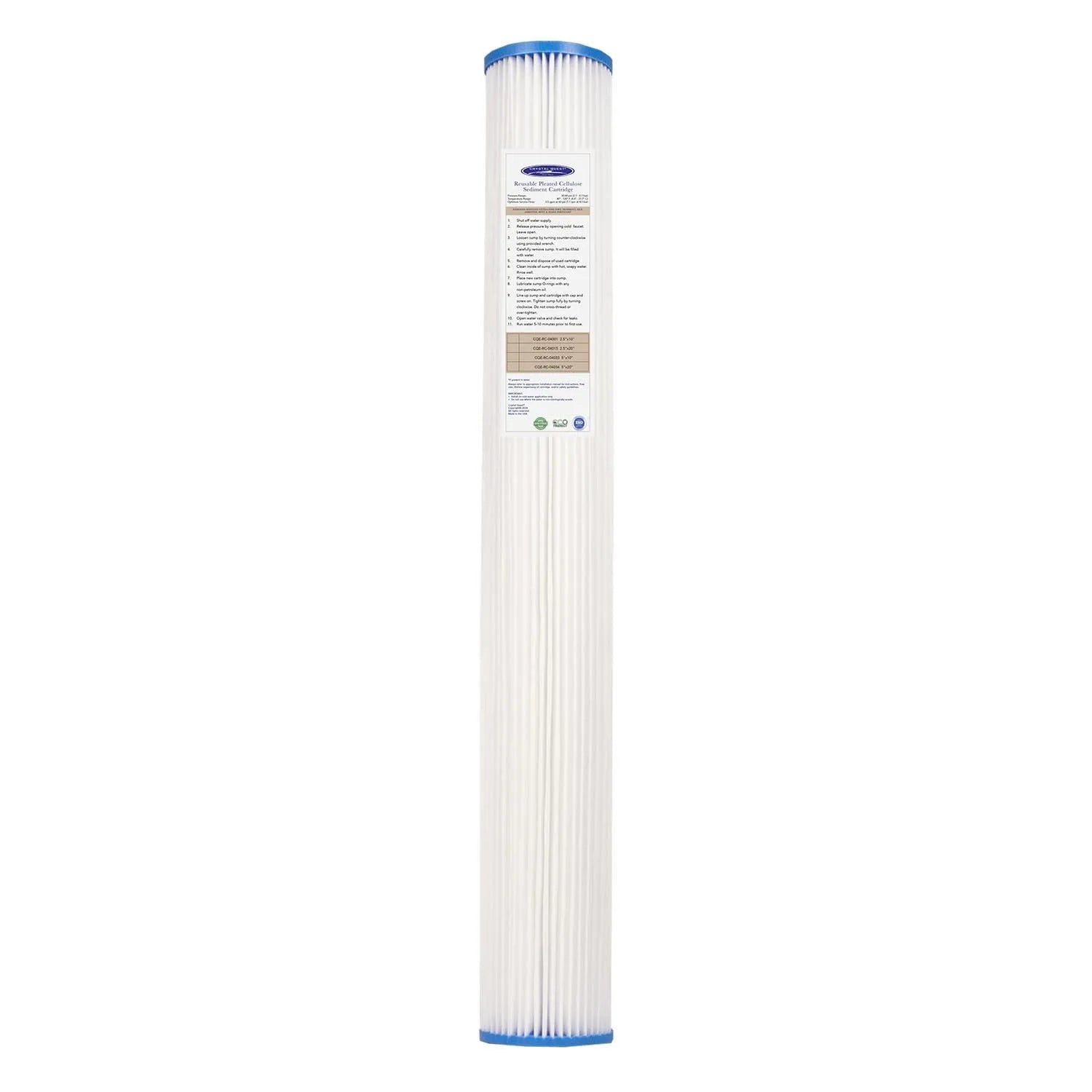 Crystal Quest 2-7/8" x 20" pleated cellulose sediment filter cartridge with blue end caps.