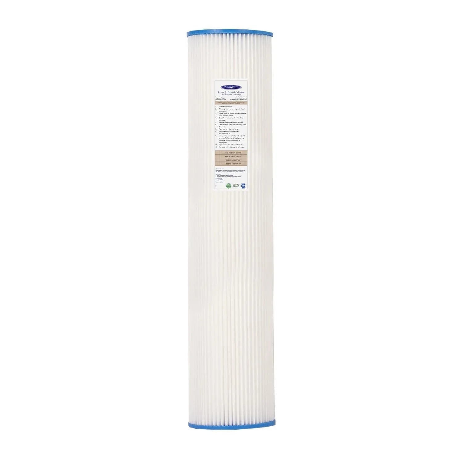 Crystal Quest 2-7/8" x 9-3/4" pleated cellulose sediment filter cartridge with blue end caps.