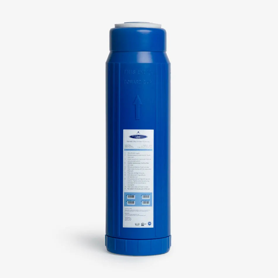 Vibrant blue Crystal Quest SMART Plus multi-stage water filter cartridge, 2-7/8" x 9-3/4", for healthier, great-tasting water.