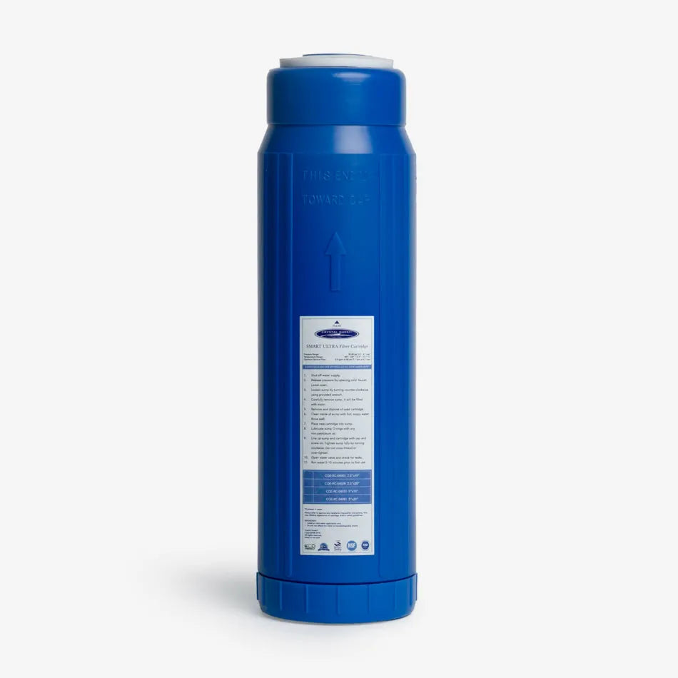 Vibrant blue Crystal Quest SMART Filter Cartridge for cleaner, healthier, better-tasting water.