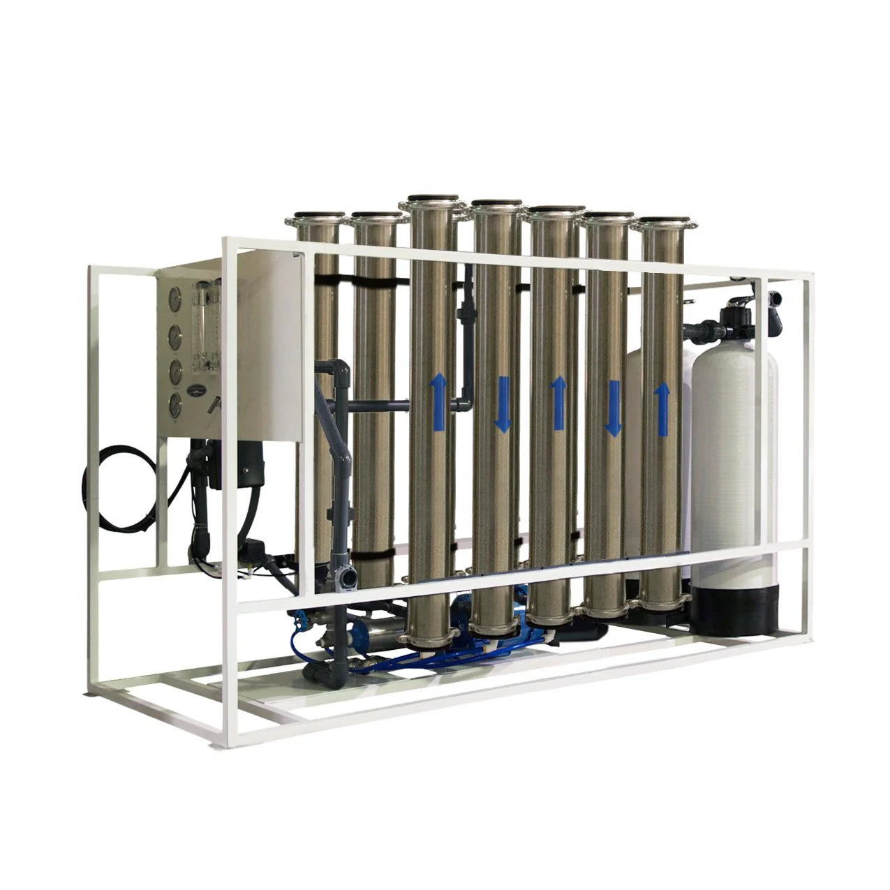 Crystal Quest 20,000 GPD commercial RO system with stainless steel housings, white frame, and blue accents.