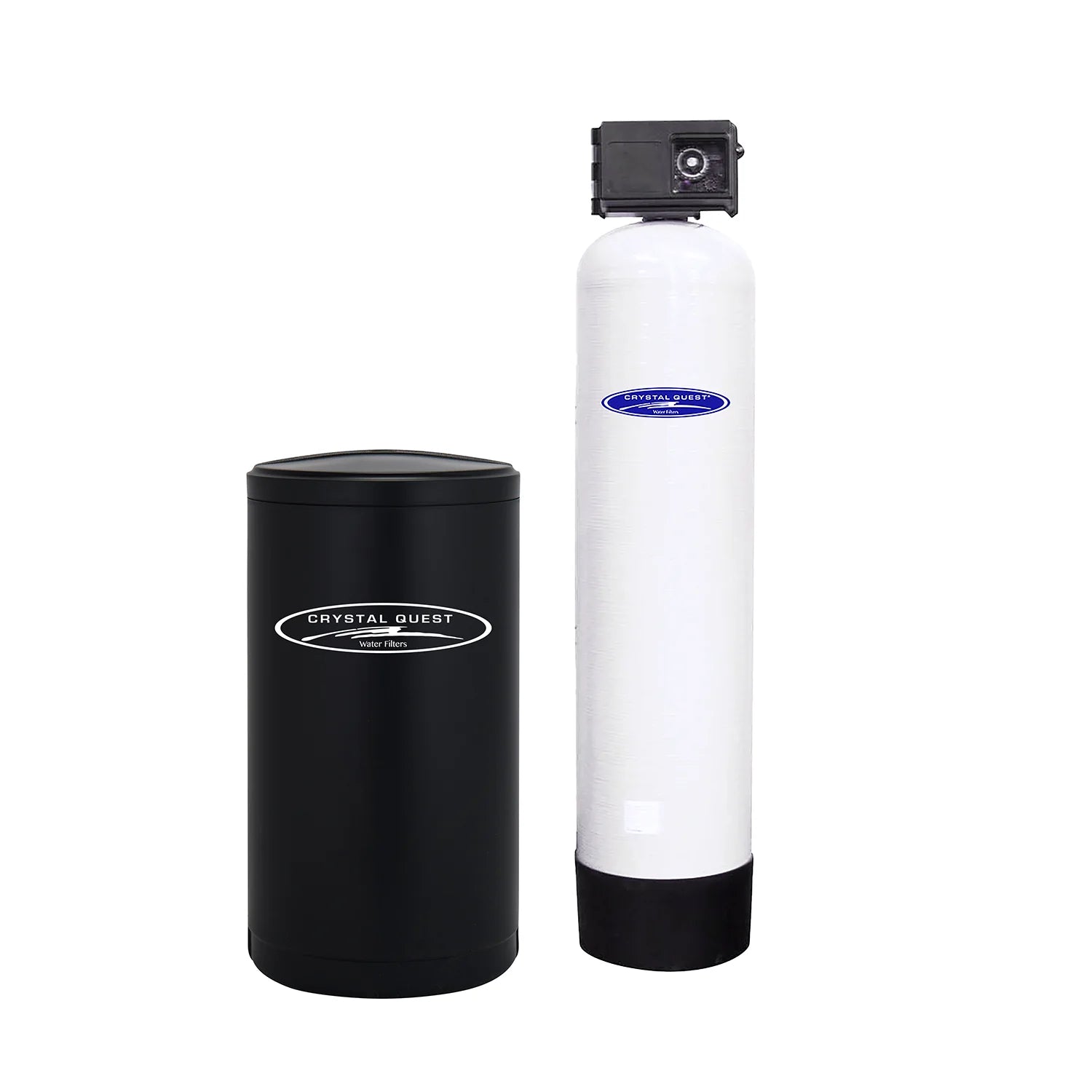 Crystal Quest commercial water softener system with a tall white fiberglass tank and black brine tank.