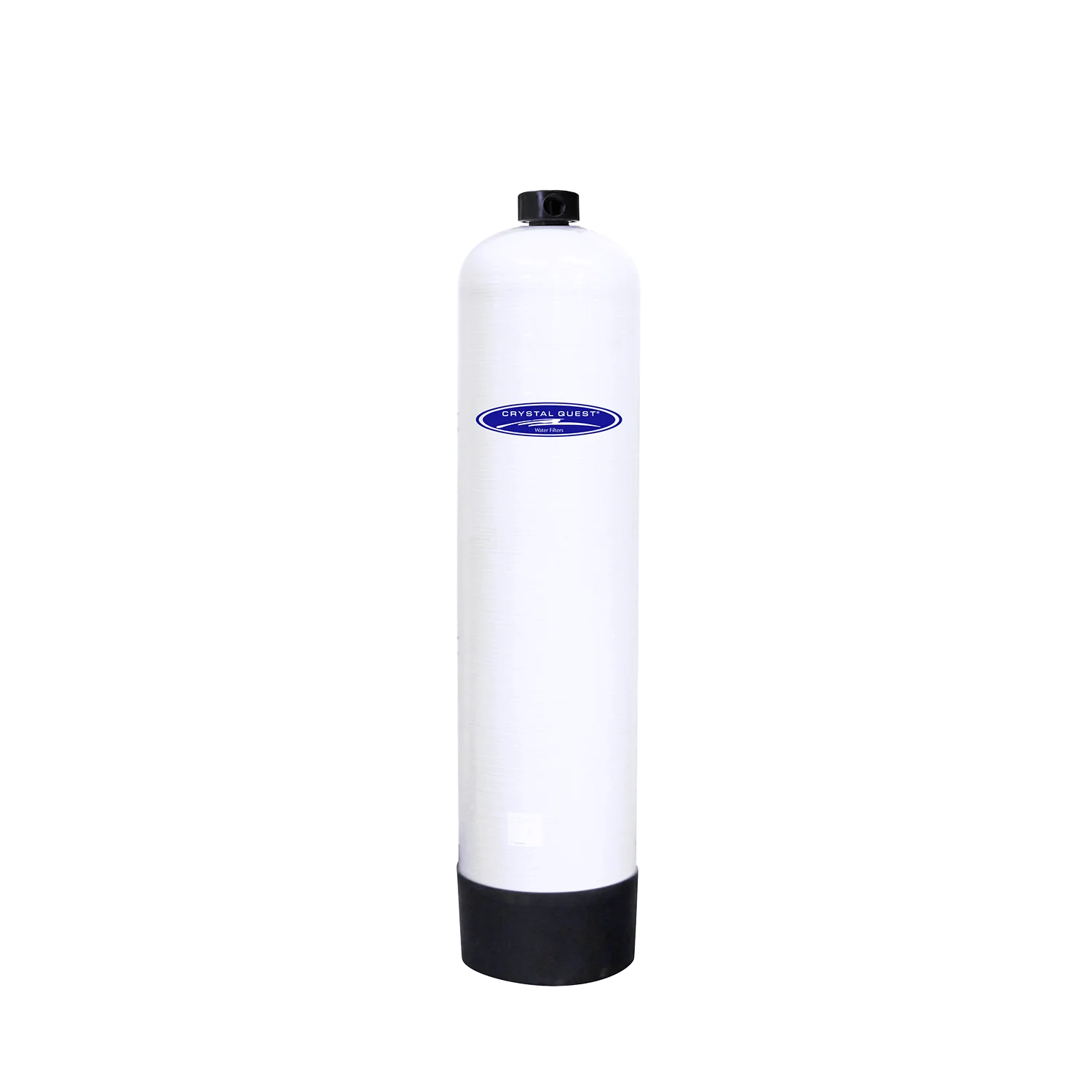 Crystal Quest white composite fiberglass metal removal water filtration tank with black base and top.