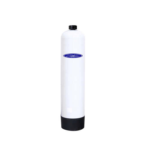 Crystal Quest 20 GPM commercial salt-free water conditioner, a tall white tank with a black base and top.