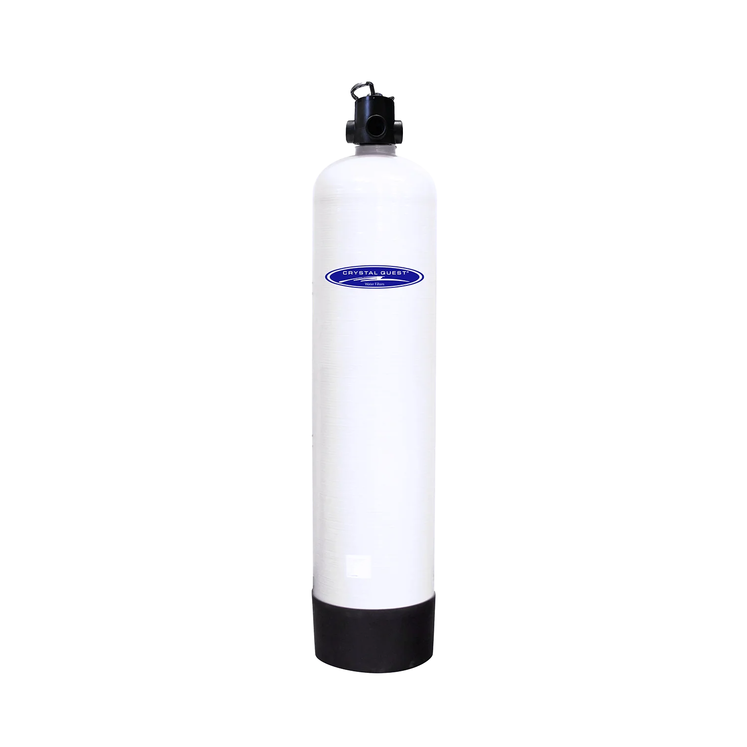 Crystal Quest commercial fluoride removal water filtration system, white composite fiberglass tank with black base.
