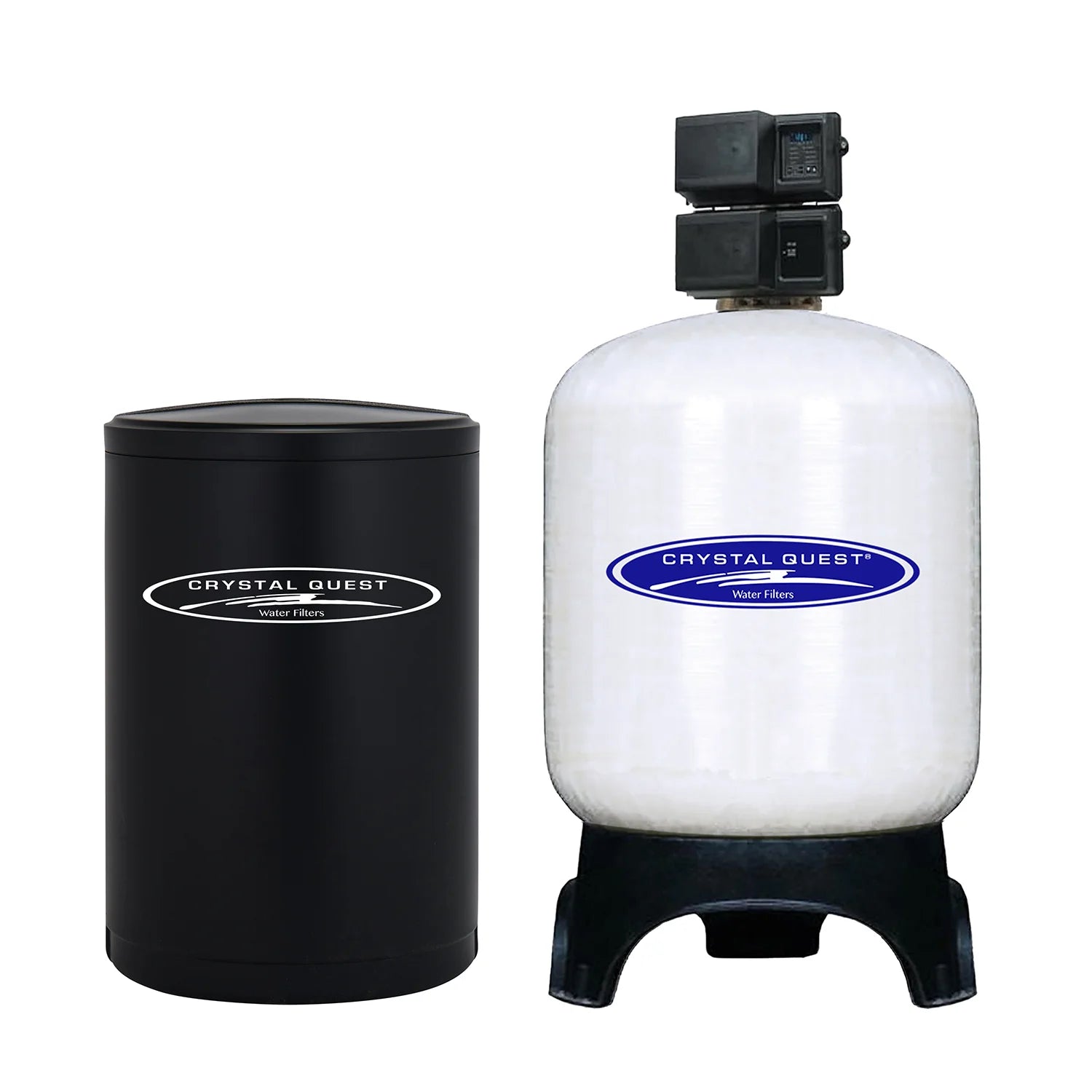 Crystal Quest Commercial Water Softener System: white fiberglass tank with black base and control valve, alongside a sleek black brine tank.