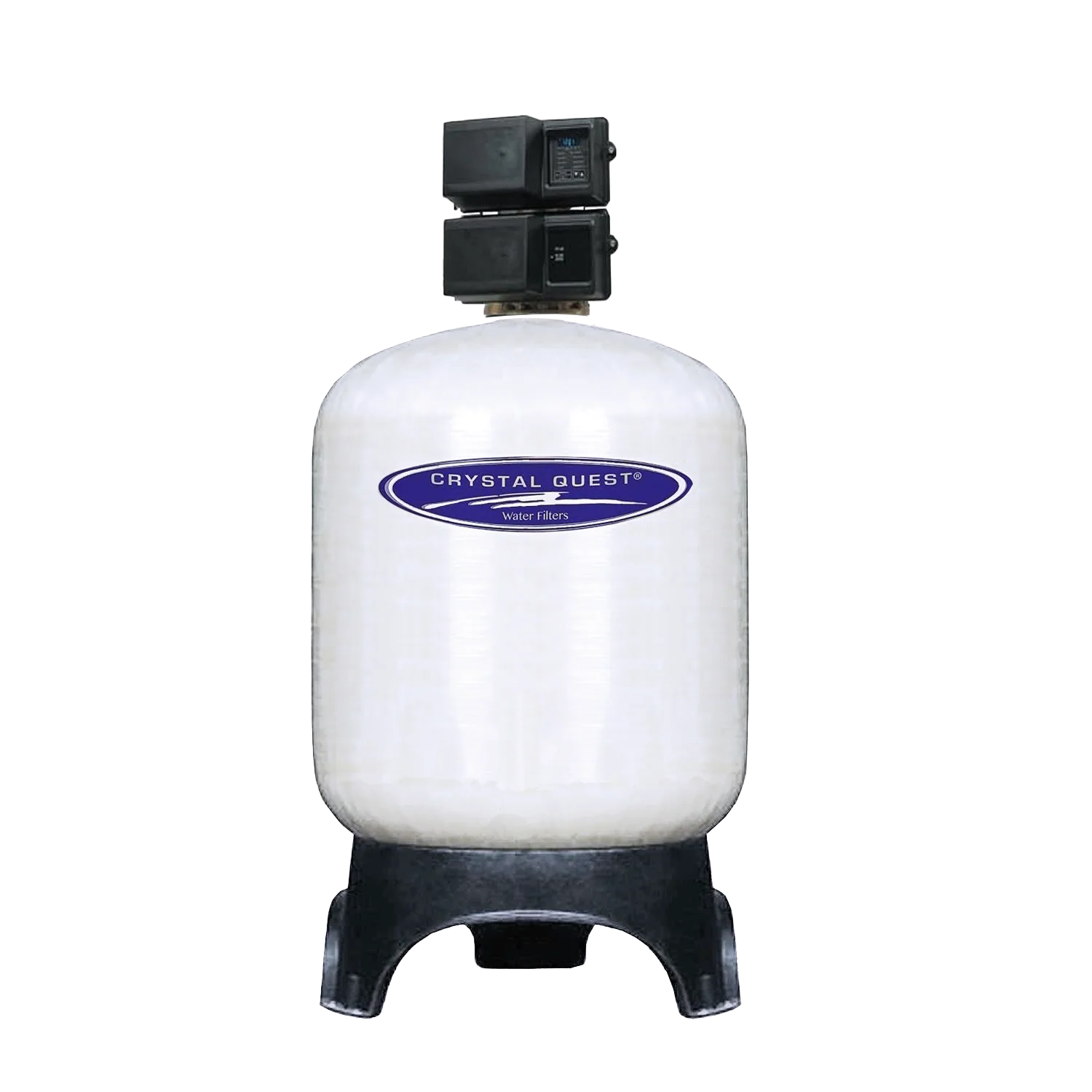 White Crystal Quest commercial fluoride removal water filtration system with black control valve and base.