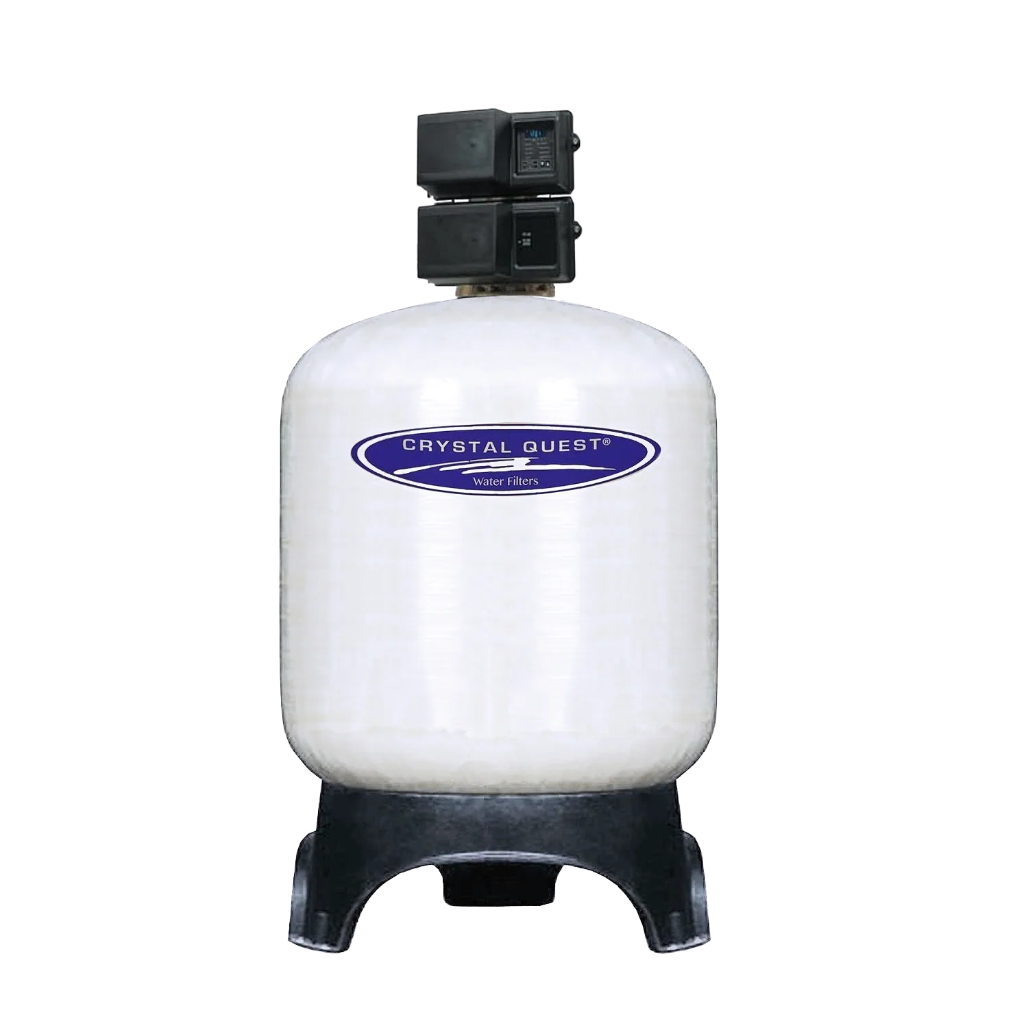 Crystal Quest Commercial GAC water filtration system, white tank with blue logo, black control head, and sturdy base.