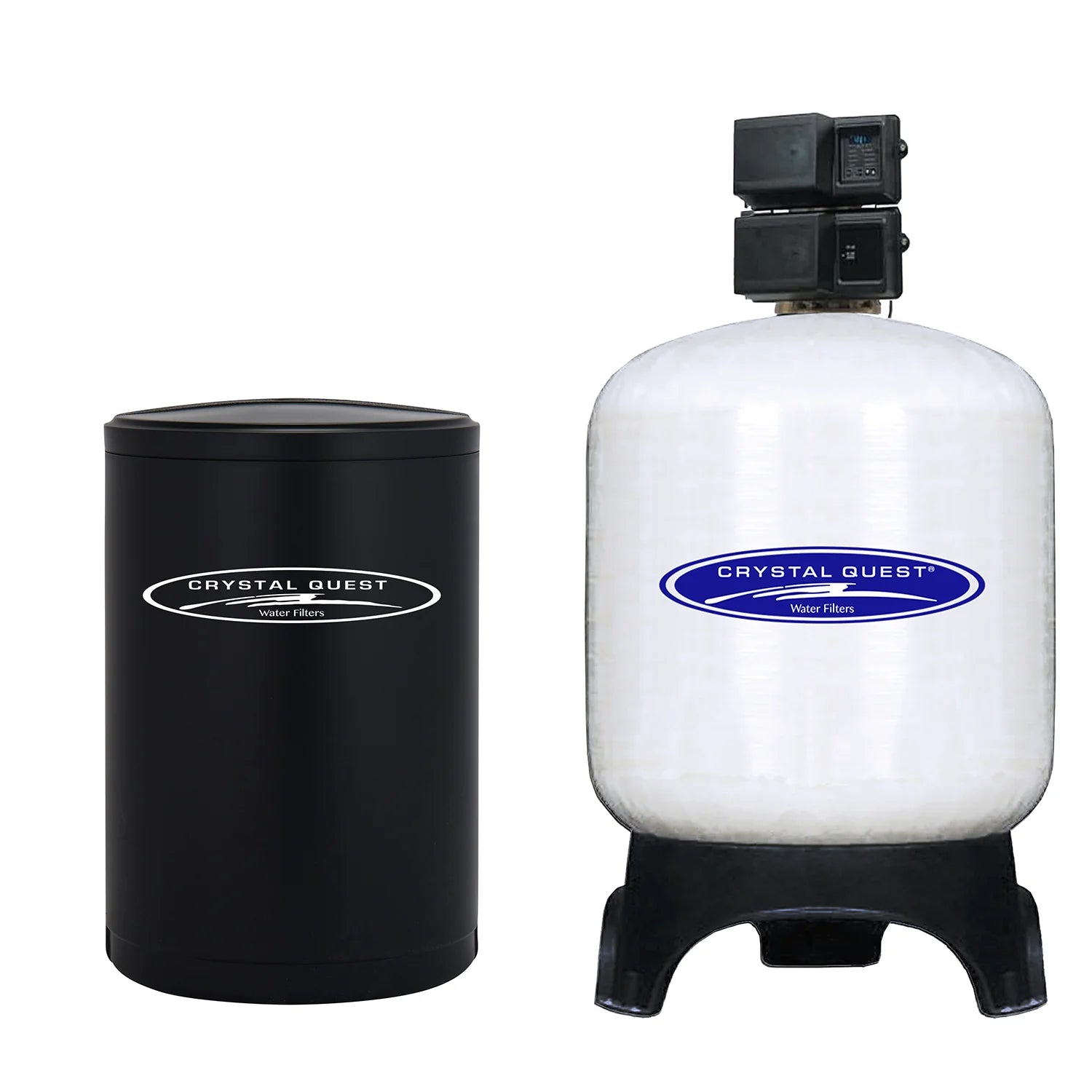 Crystal Quest 245 GPM automatic commercial water softener system with white fiberglass tank and black brine tank.