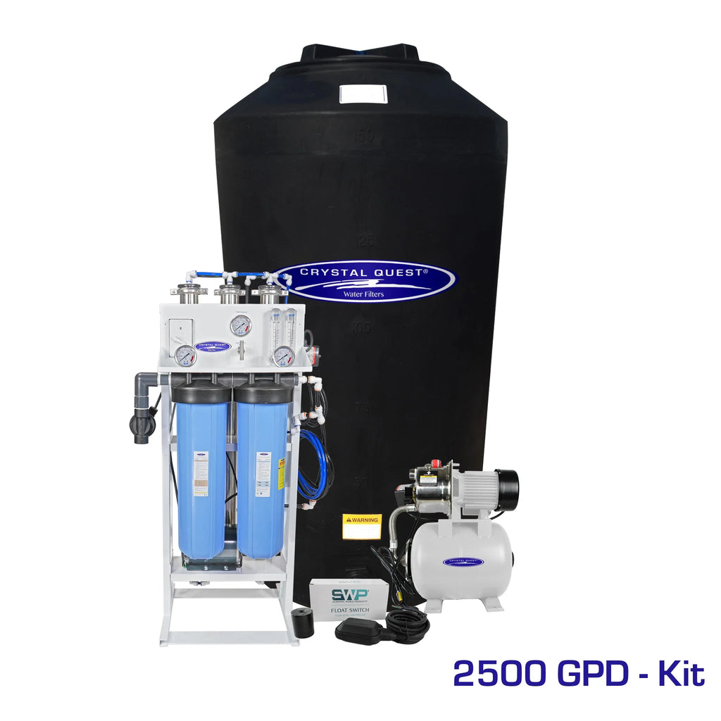 Crystal Quest 2500 GPD whole house RO system with a 165-gallon black storage tank and white pump.