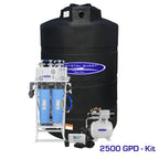 Crystal Quest 2500 GPD whole house RO system with black 500-gallon storage tank and pump kit.
